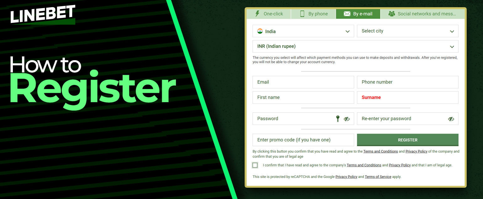Linebet account registration form showing email, phone, and social login options